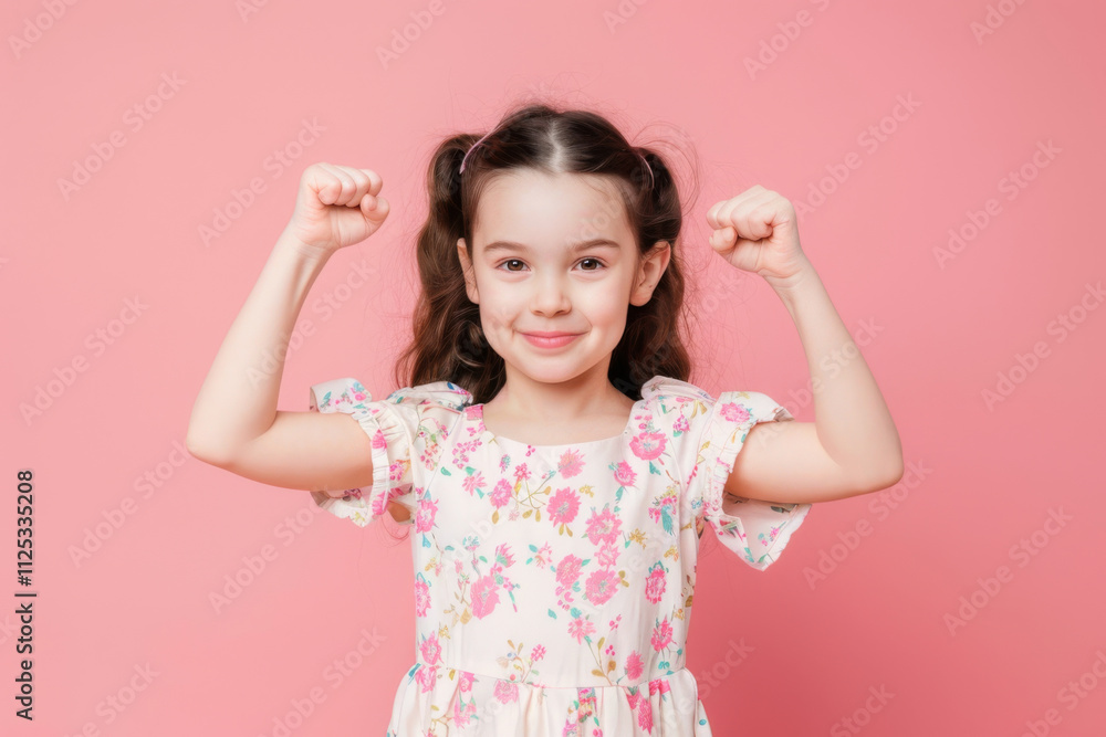 Happy little girl showing muscles with both arms raised, wearing a floral dress against a pink background. Happy little girl showing muscles with both arms raised, wearing a floral dress against a pink background.
