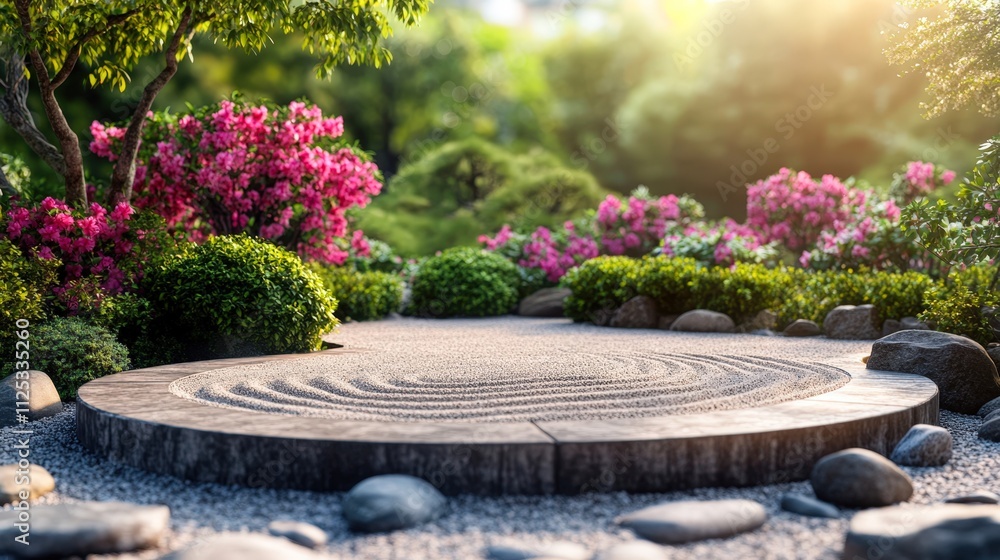 Fototapeta premium A serene garden scene featuring vibrant pink flowers and lush greenery surrounding a circular stone area with raked gravel, ideal for relaxation or meditation settings