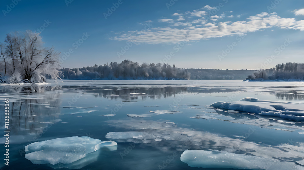 Frozen river landscape with ice floes, snow-covered trees, and clear blue sky reflecting on calm water. Frozen river landscape with ice floes, snow-covered trees, and clear blue sky reflecting on calm water.