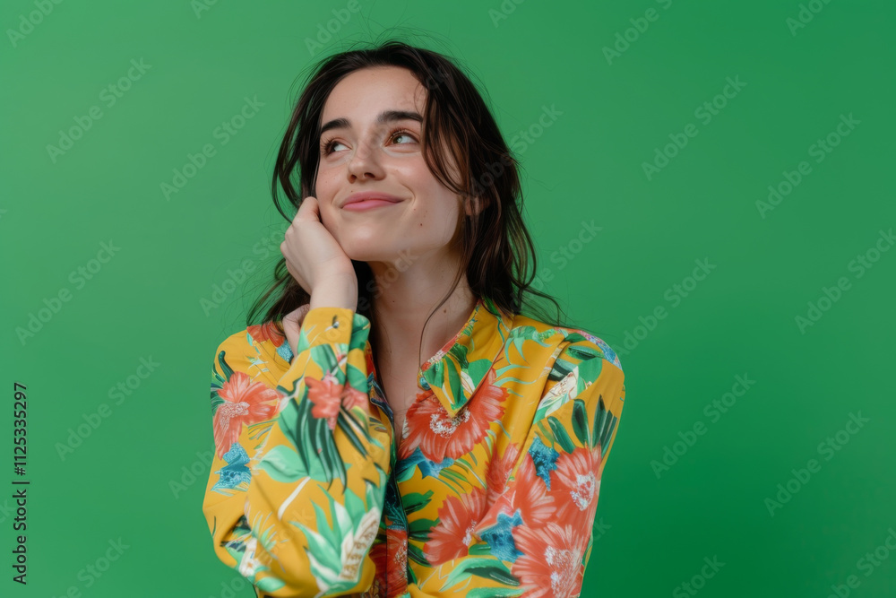 Portrait of a thoughtful young woman in a colorful floral dress against a green background. Portrait of a thoughtful young woman in a colorful floral dress against a green background.