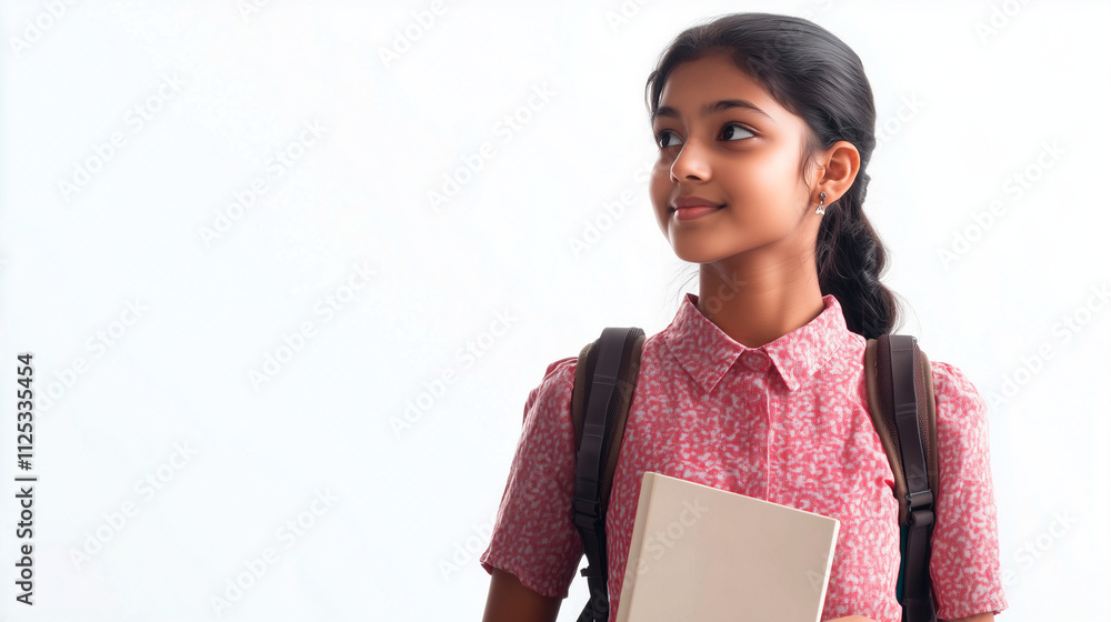 Obraz premium Cute smiling Indian school girl girl with a backpack and a book in her hand. Studio photo on the white isolated background with a place for text. College, education, back to school.