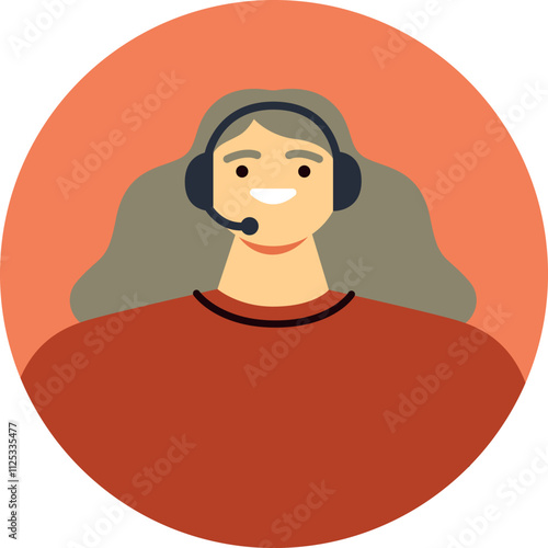 Friendly customer service representative wearing a headset, smiling while providing assistance and support in a simple, round icon design, embodying professionalism and approachability