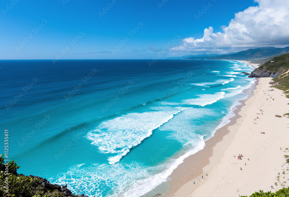 Obraz premium a beautiful landscape with a blue sea, white sand, and waves on the beach during summer.