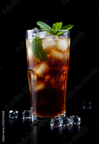 A black background image of a glass filled with iced tea