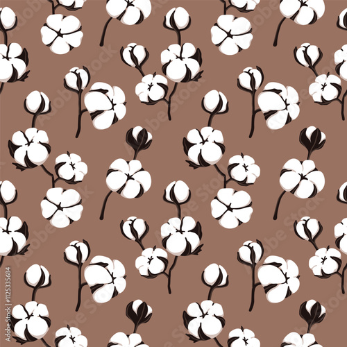 Vector seamless pattern of the color of the year 2025 mocha mousse with flowers and cotton branches