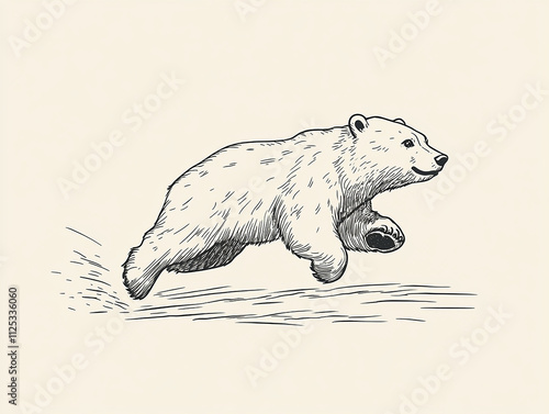 Minimalistic line art of a polar bear running on a simple beige background