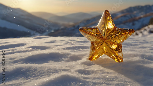 Golden star ornament in snowy mountain landscape at sunset. photo