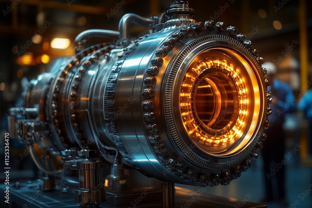 Obraz premium A highly detailed close-up of a hydrogen fuel cell showcasing intricate engineering and glowing internal components.