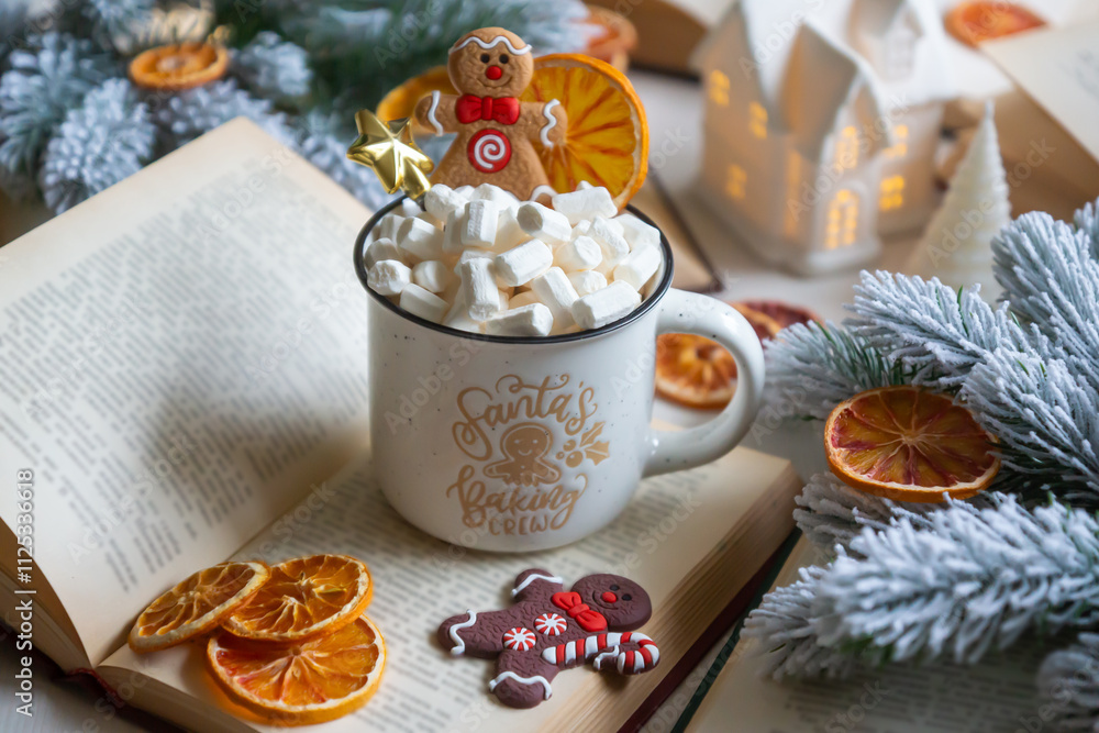 New Year 2025, tea with orange, coffee with marshmallows, books and fir branches, New Year's toys and a ball on the table. New Year 2025, tea with orange, coffee with marshmallows, books and fir branches, New Year's toys and a ball on the table.
