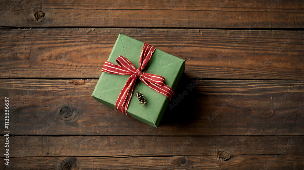 Green gift box with red ribbon on wooden surface. Green gift box with red ribbon on wooden surface.