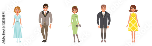People Wearing Vintage Clothing and Retro Fashion Apparel Vector Set