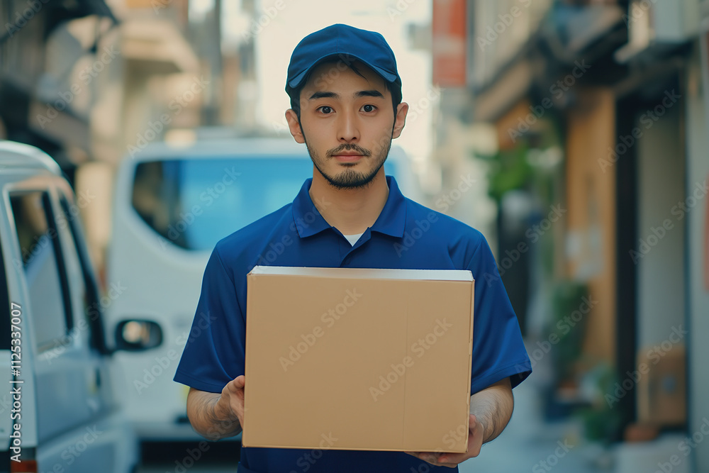 Fast delivery man in blue uniform holding cardboard box Fast delivery man in blue uniform holding cardboard box