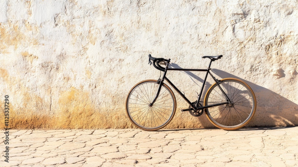 The sharp outline of a bicycle's shadow resting against a textured wall under a bright sun. The sharp outline of a bicycle's shadow resting against a textured wall under a bright sun.