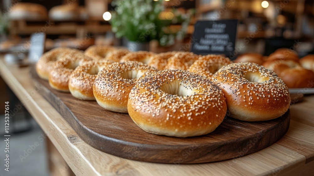 A variety of freshly baked bagels topped with sesame seeds are arranged on a wooden board in a warm and inviting bakery environment. A variety of freshly baked bagels topped with sesame seeds are arranged on a wooden board in a warm and inviting bakery environment.