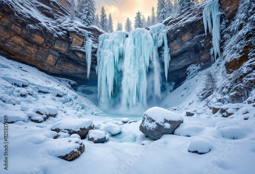 a frozen waterfall in a mountainous region during the winter