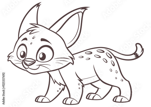 Cute cartoon lynx vector illustration, black and white, joyful, perfect for kids' coloring pages