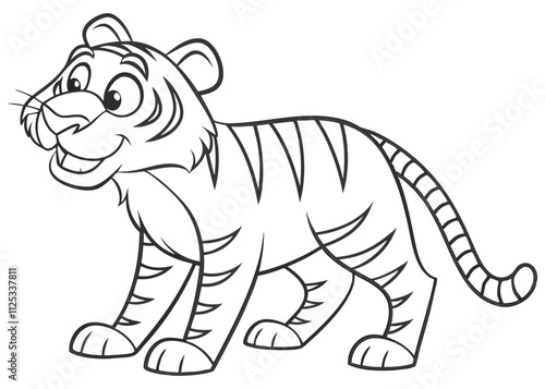 Smiling cartoon tiger vector illustration black and white, coloring page for children's book