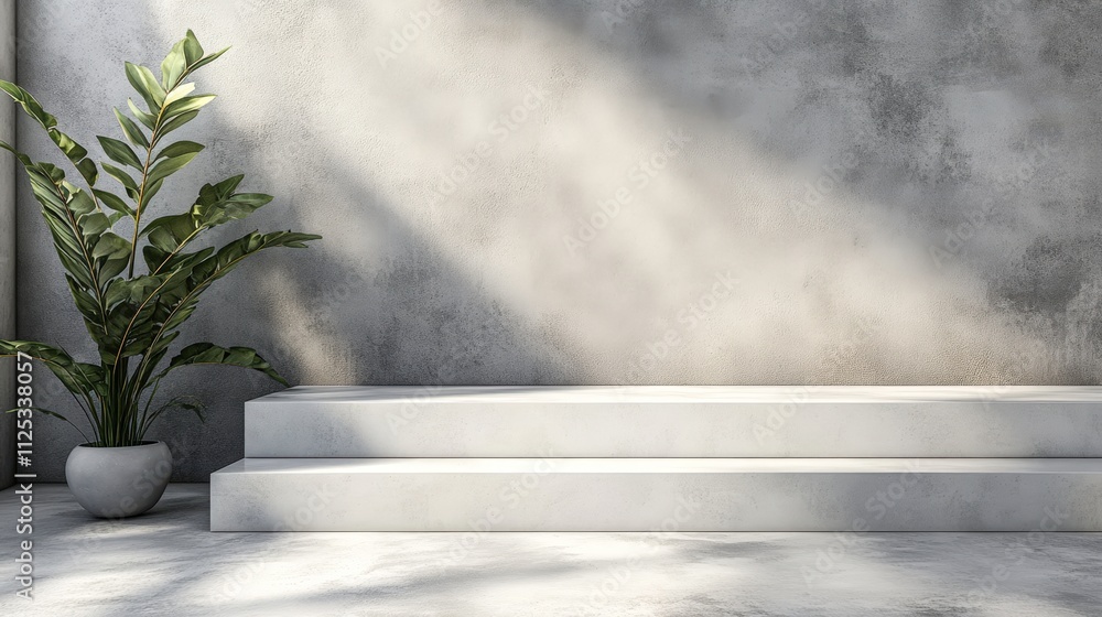 A serene, minimalistic interior scene featuring light gray concrete steps and a lush potted plant, Ideal for background in design, wellness, or lifestyle projects, A serene, minimalistic interior scene featuring light gray concrete steps and a lush potted plant, Ideal for background in design, wellness, or lifestyle projects,