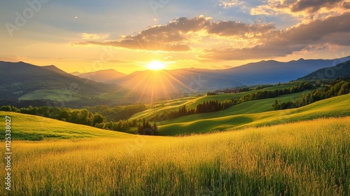 A serene landscape at sunset, showcasing rolling hills and vibrant colors in nature.