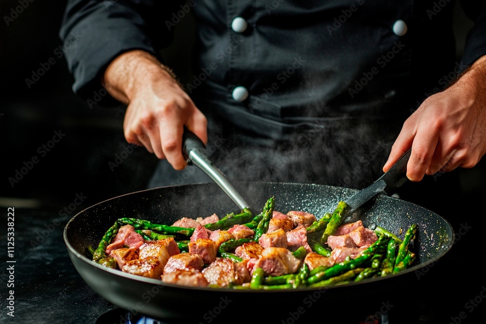 Cooking gourmet meal with fresh asparagus and tender meat in a professional kitchen setting Cooking gourmet meal with fresh asparagus and tender meat in a professional kitchen setting