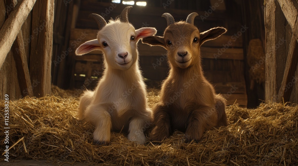 Fototapeta premium Two baby goats sitting side by side in a barnyard, surrounded by hay and rustic wooden beams.