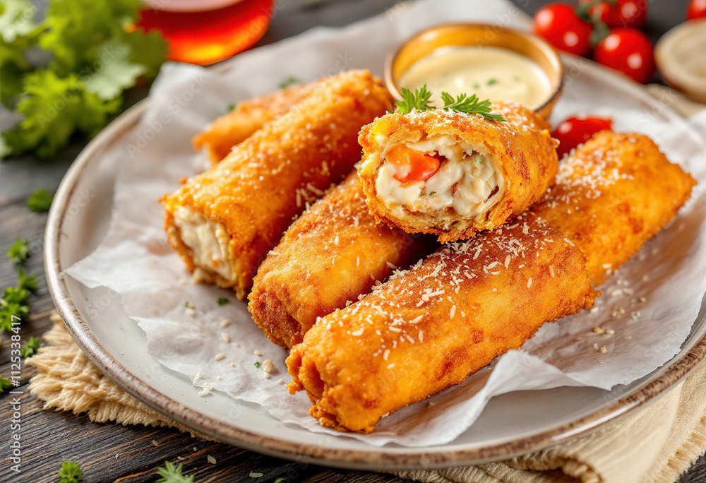 a plate of golden-brown, crispy breaded deep-fried crab meat rolls a plate of golden-brown, crispy breaded deep-fried crab meat rolls