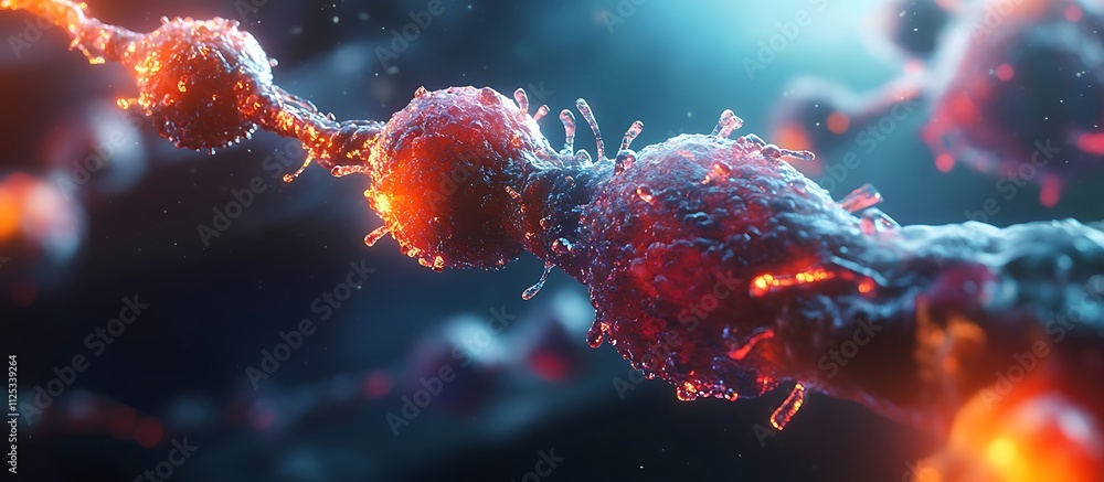 A detailed depiction of a cancer cell's lifecycle highlighted with vivid colors and textures A detailed depiction of a cancer cell's lifecycle highlighted with vivid colors and textures