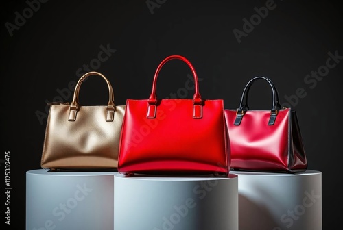 Luxe Leather Handbags: A trio of stylish and sophisticated handbags in red, gold, and black,  exuding elegance and timeless appeal. Each bag boasts a sleek design and premium leather craftsmanship. photo