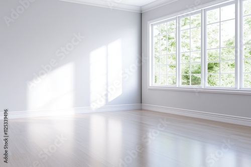 Bright Empty Room With Large Windows and Hardwood Flooring. Perfect for real estate, interior design, or home renovation concepts.