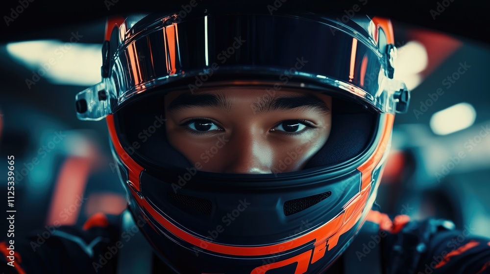 Portrait of a focused race car driver, captured in a close-up view with a high-performance helmet, conveying determination and readiness Portrait of a focused race car driver, captured in a close-up view with a high-performance helmet, conveying determination and readiness