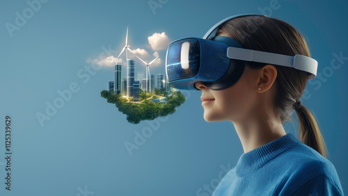 A woman in VR headset imagines a sustainable city blending technology and nature for a greener future, futuristic cityscape and sustainable concepts technology.