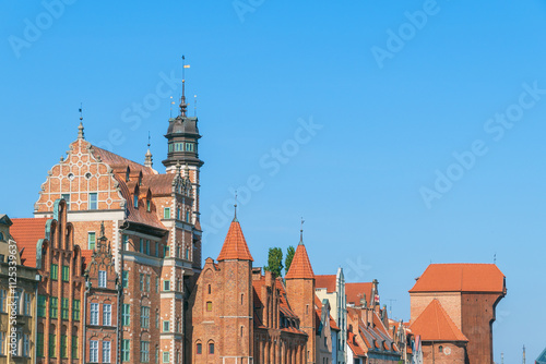 Buildings on the Motlawa River Embankment (Dlugie Pobrzeze) in the main town. Gdansk, Poland. The Crane. photo