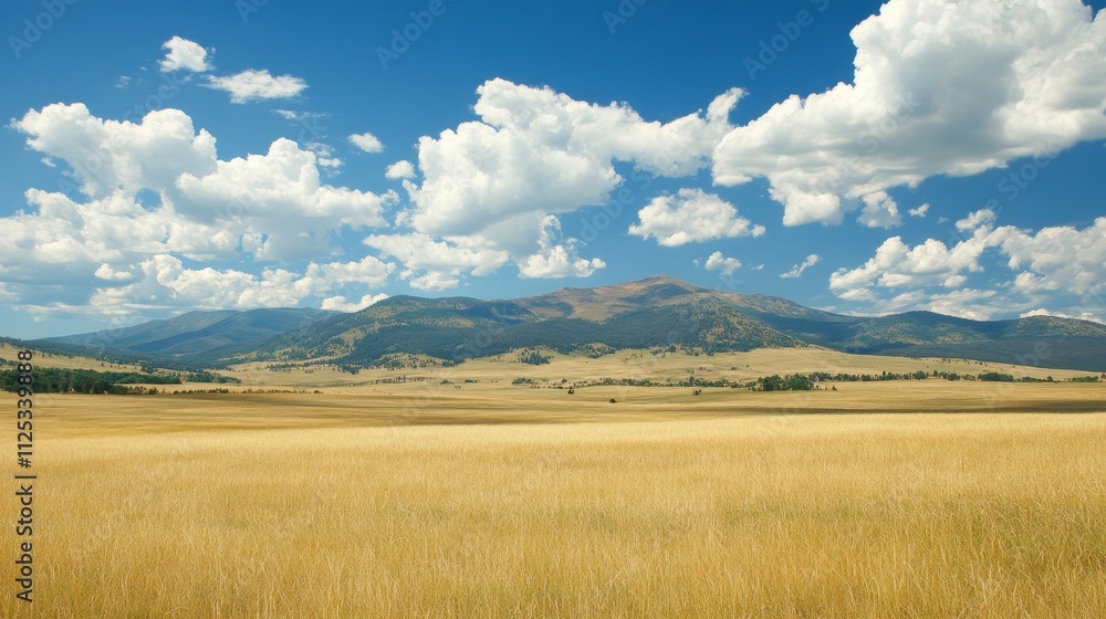 A serene landscape showcasing golden fields under a blue sky with fluffy cloud and distant mountain. A serene landscape showcasing golden fields under a blue sky with fluffy cloud and distant mountain.