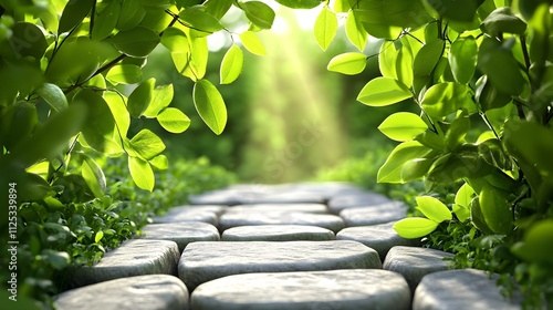 Sunlit Stone Path: A tranquil garden scene, showcasing a stone path leading into a sun-drenched clearing, framed by lush green foliage.  The image evokes serenity and the promise of new beginnings.  photo