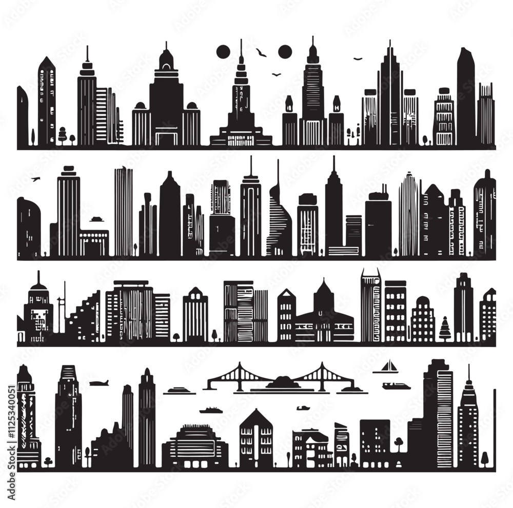 Naklejka premium Cityscape set silhouette vector illustration