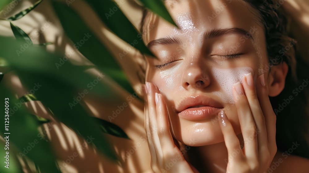 A serene close-up of a woman with glowing, moisturized skin, surrounded by lush green leaves A serene close-up of a woman with glowing, moisturized skin, surrounded by lush green leaves