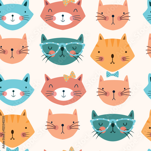 Seamless pattern with cats head on white background. 