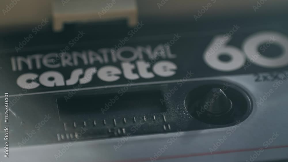 Retro radio tape recorder, audio cassette close-up. Listening to music, old radio boom box player, macro of vintage music listening. Retro radio tape recorder, audio cassette close-up. Listening to music, old radio boom box player, macro of vintage music listening.