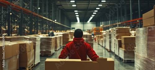 Warehouse Worker Moving Cardboard Boxes
