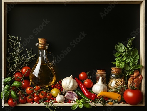 Mediterranean ingredients display with olive oil, herbs, and vegetables. photo