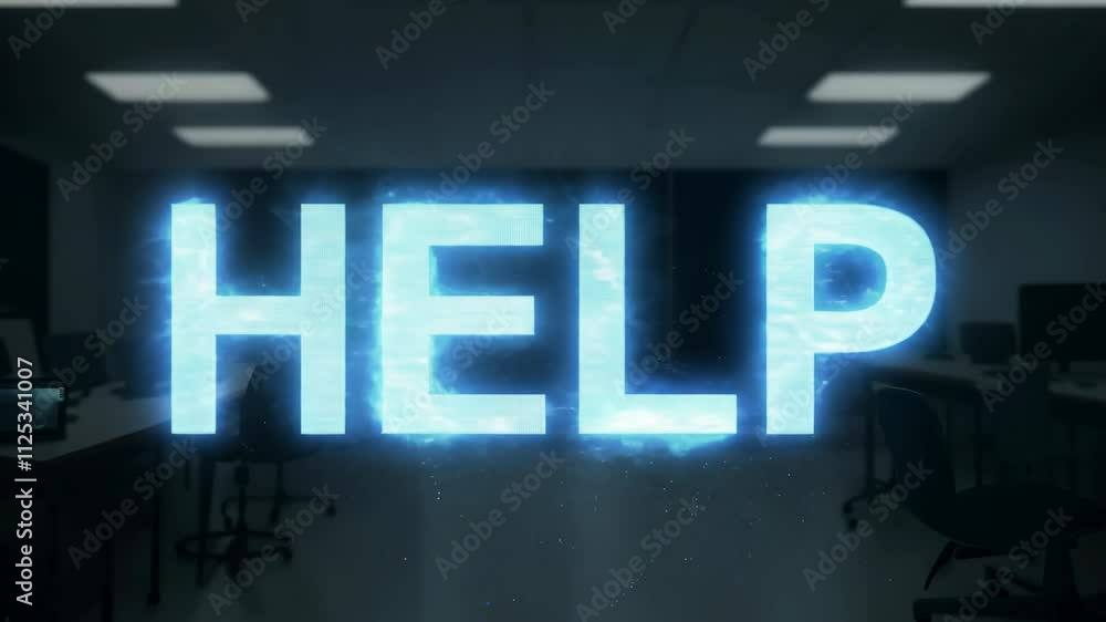 A computer screen with the word help in blue letters. The letters are in a neon glow. There are several chairs in the background A computer screen with the word help in blue letters. The letters are in a neon glow. There are several chairs in the background