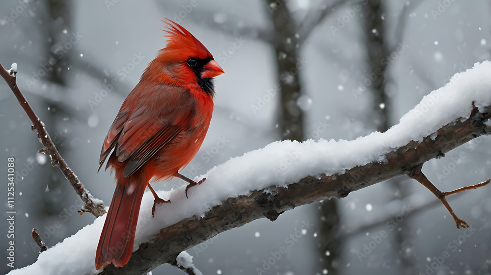 Male northern cardinal perched on snow-covered branch during snowfall. Male northern cardinal perched on snow-covered branch during snowfall.