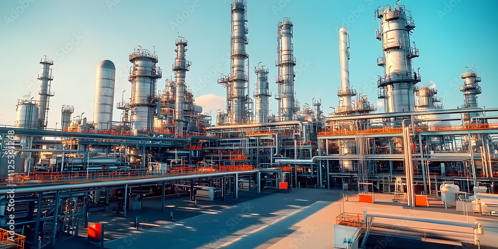 A modern petrochemical plant with intricate piping systems, distillation towers, and tanks, producing various chemical compounds. Generative AI A modern petrochemical plant with intricate piping systems, distillation towers, and tanks, producing various chemical compounds. Generative AI