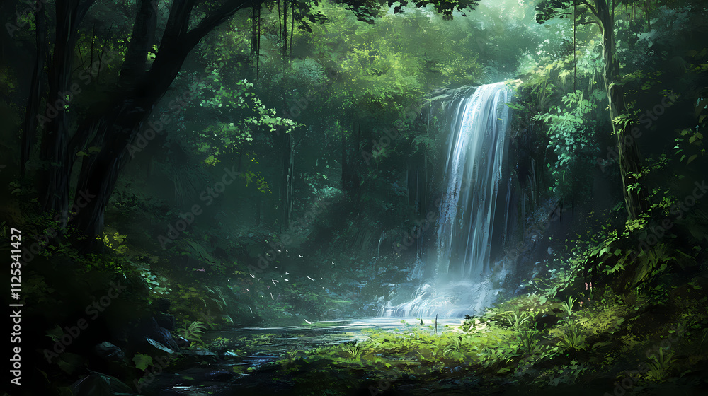 Serene waterfall cascading through lush forest landscape nature photography. Lush. Illustration Serene waterfall cascading through lush forest landscape nature photography. Lush. Illustration