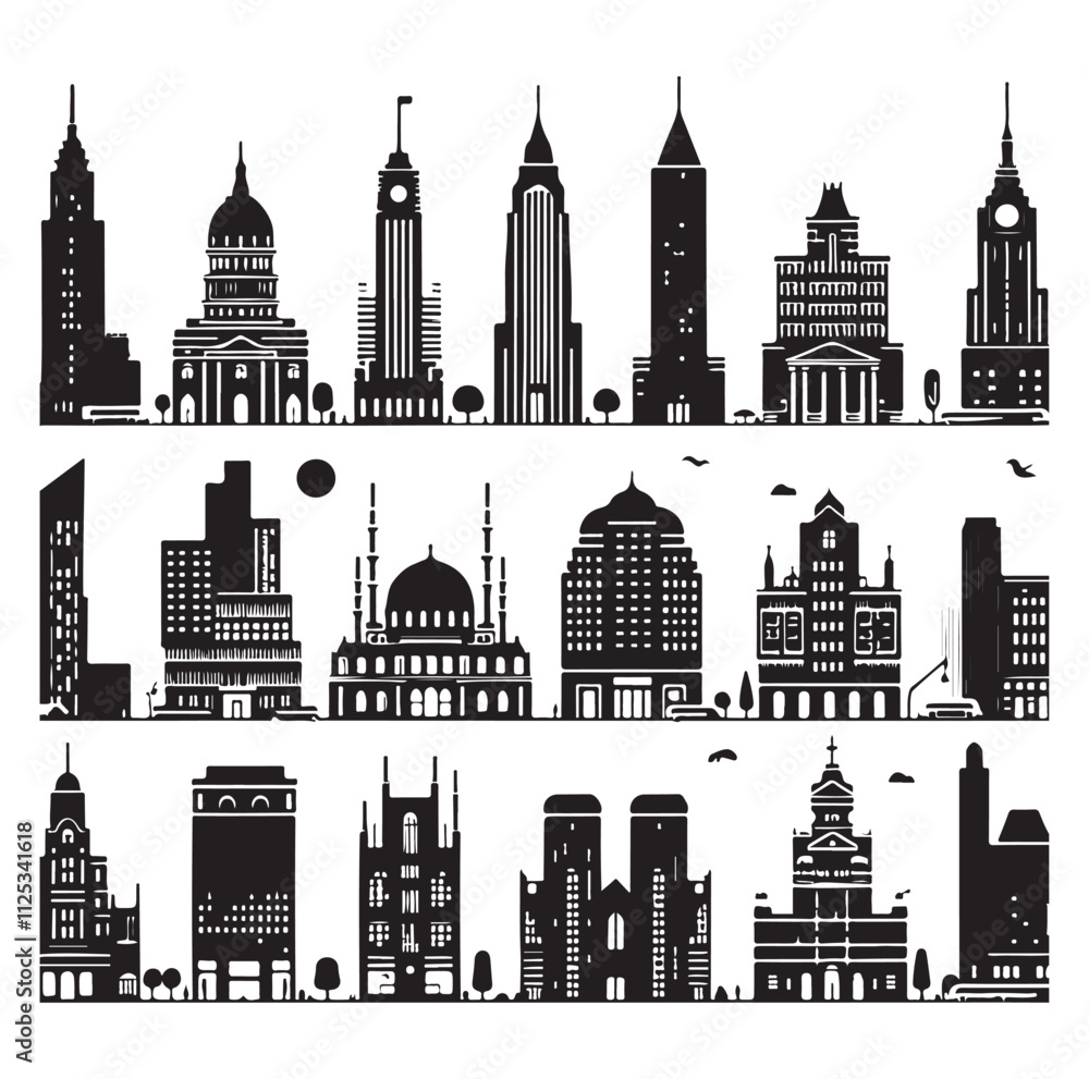 Obraz premium Cityscape set silhouette vector illustration