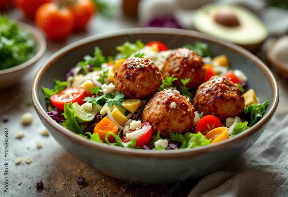 A healthy vegetarian salad bowl with meatballs A healthy vegetarian salad bowl with meatballs