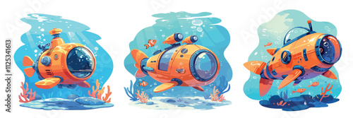 bathyscaphe cartoon. orange submarine, underwater sea ocean expedition adventure exploration childrens fiction vector illustration