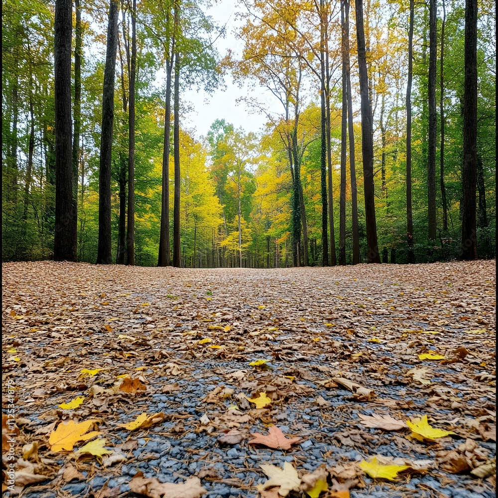 Obraz premium Autumn Path: A picturesque path through a vibrant autumn forest, strewn with fallen leaves, leads toward a canopy of golden foliage. The golden light filters through the trees.