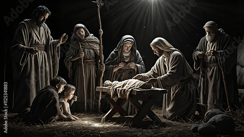 Nativity scene depicting the birth of Jesus Christ with Mary, Joseph, and shepherds.