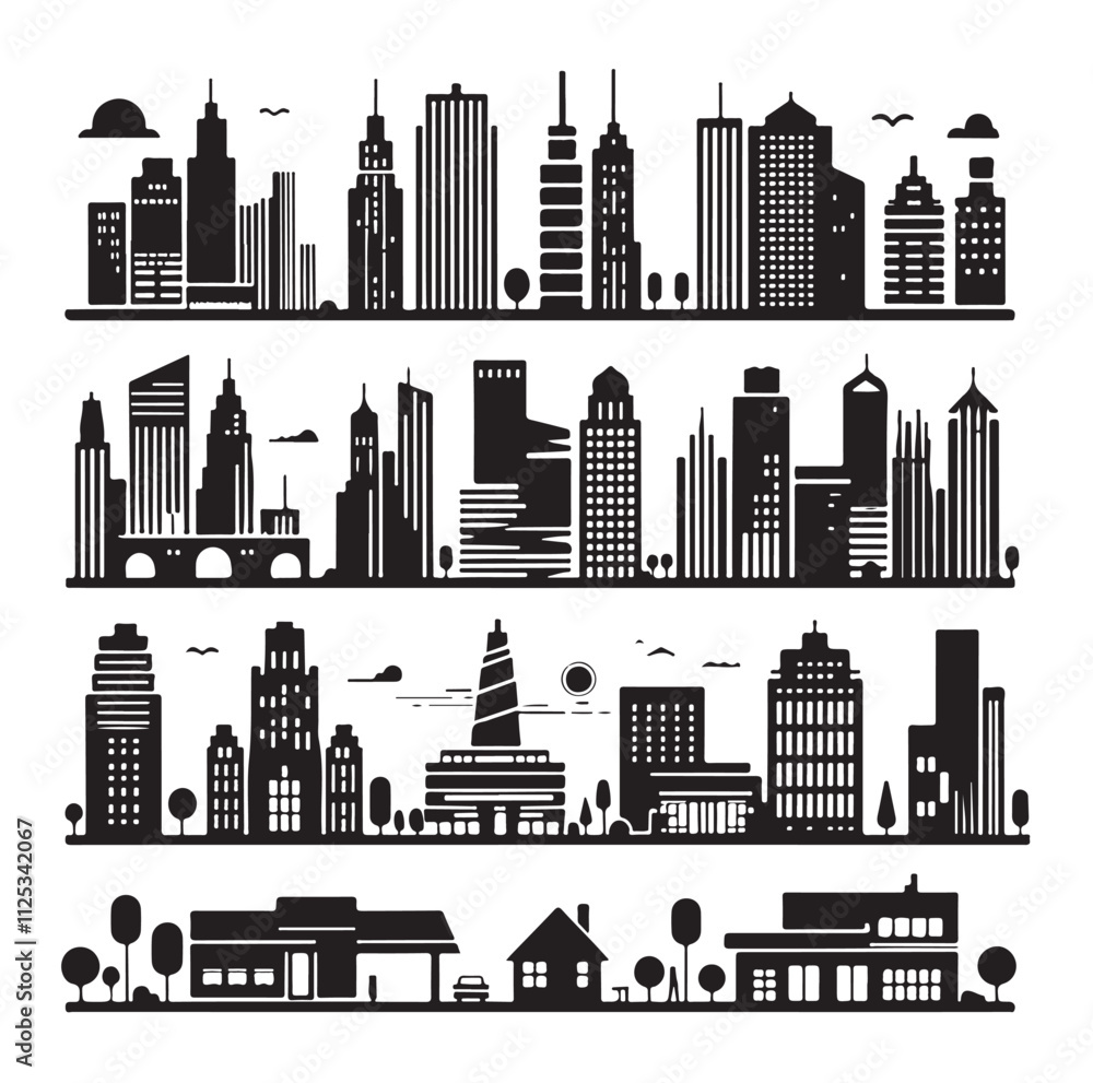 Obraz premium Cityscape set silhouette vector illustration